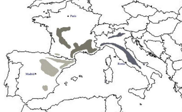 Source: Reyna et al. (2007). Map showing the main natural distribution areas of Tuber melanosporum. Natural distribution spread around the northern Mediterranean bassin in Southern France and Northtern Italy and North East of Spain.