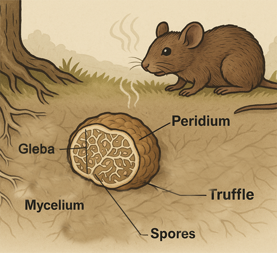 A typical truffle in the ground and mycelium forming mycorrhizae with tree roots.